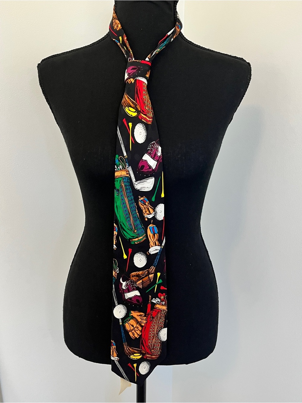 Vintage 100% Silk Golf Novelty Tie | Golf Clubs Balls Bag Print | Handmade Korea